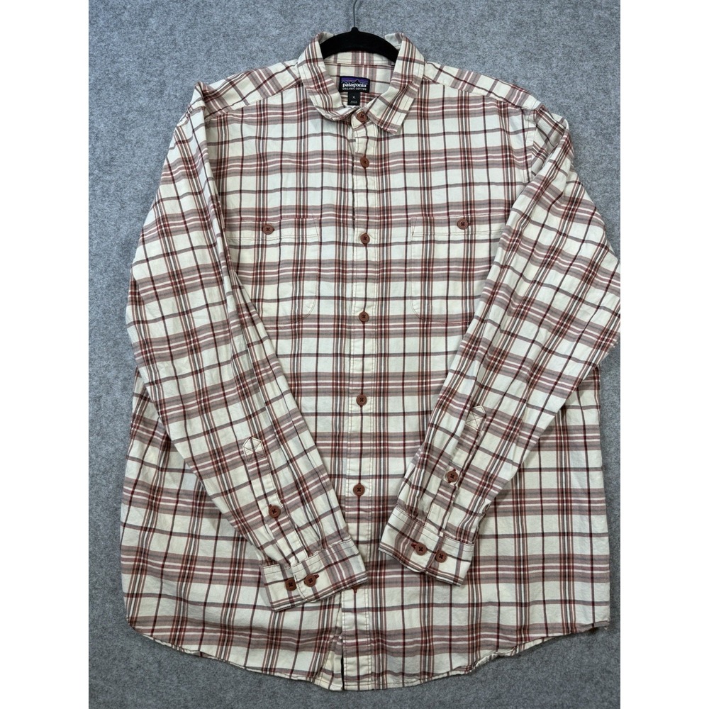 Patagonia Mens XL Organic Cotton Plaid Shirt Red Cream Long Sleeve 2 Pocket